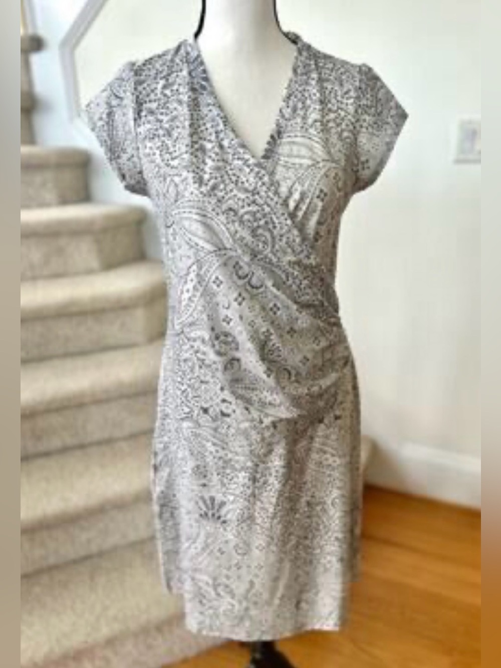 Athleta Cream and Gray Paisley Wrap Dress
